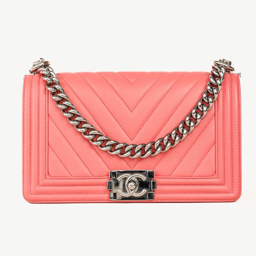 Chanel Boy Medium Pink Calfskin Chevron Flap Shoulder Bag